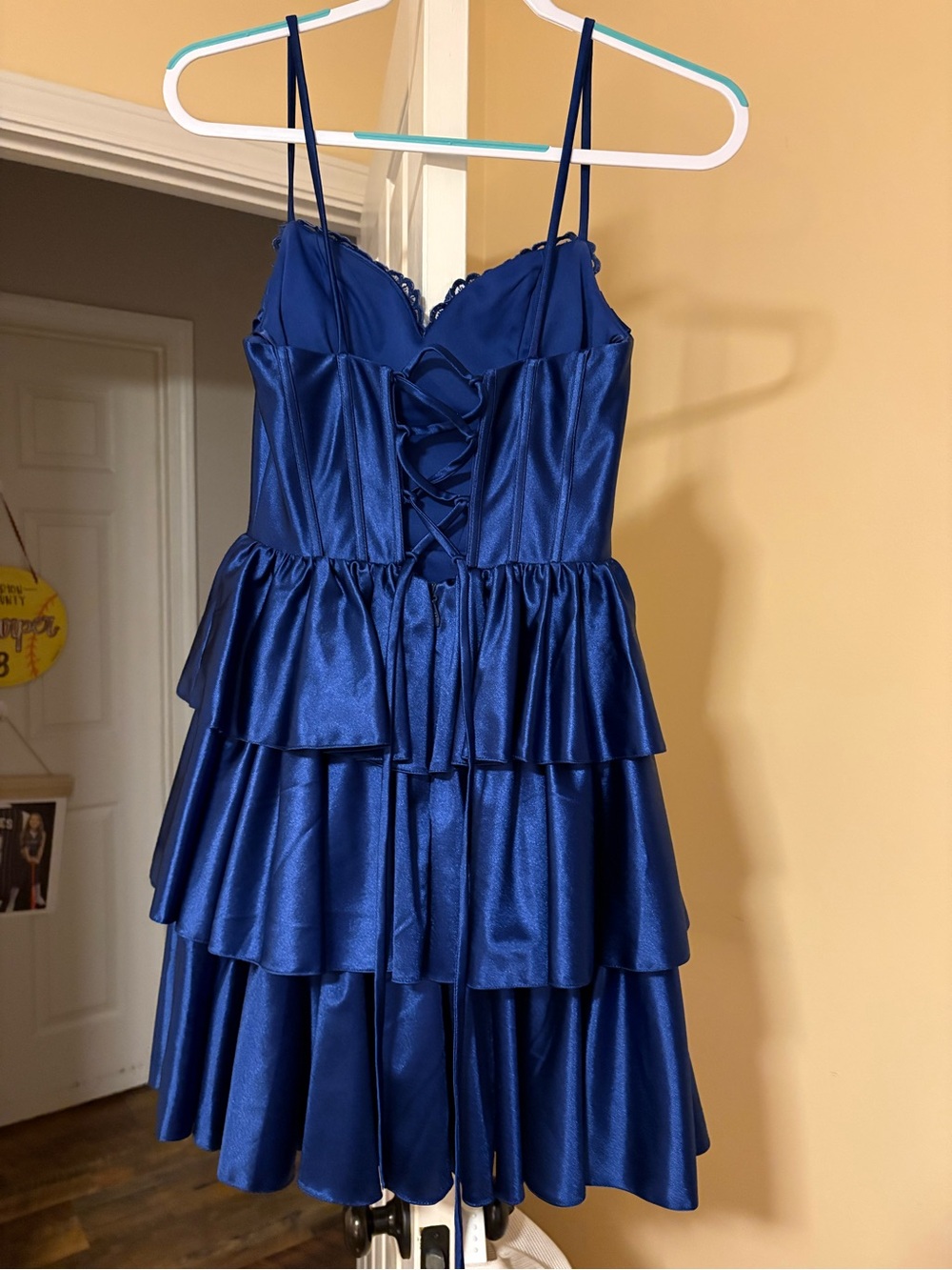 Royal Blue Satin Tiered Midi Dress with Lace-Up Bodice